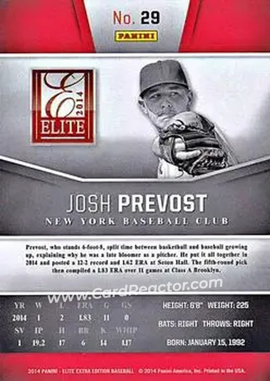 2014 Panini Elite Extra Edition #29 - Josh Prevost - New York Mets - Back