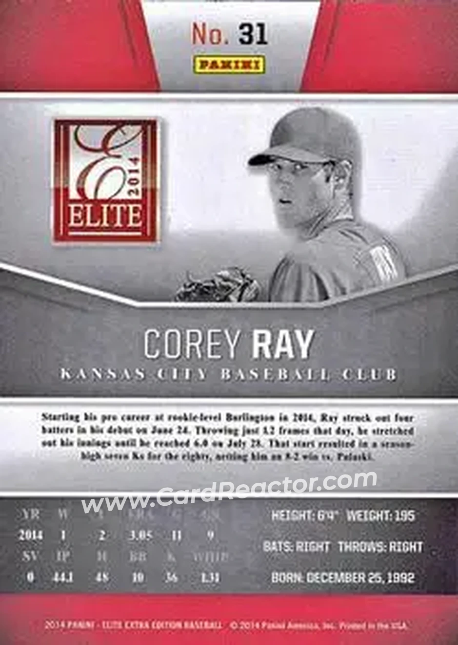 2014 Panini Elite Extra Edition #31 - Corey Ray - Kansas City Royals - Back