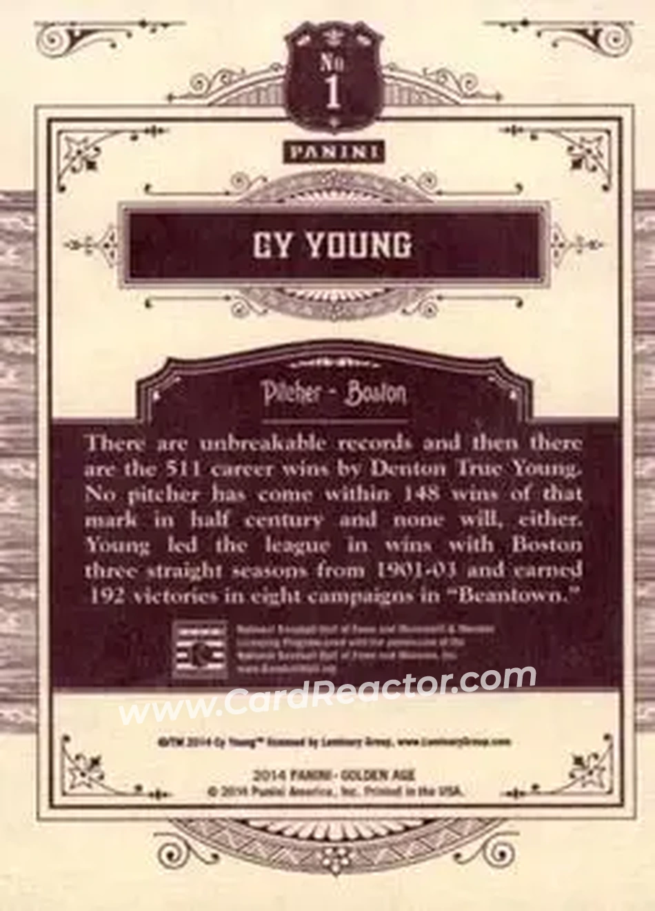 2014 Panini Golden Age #1 - Cy Young - Boston Red Sox - Back
