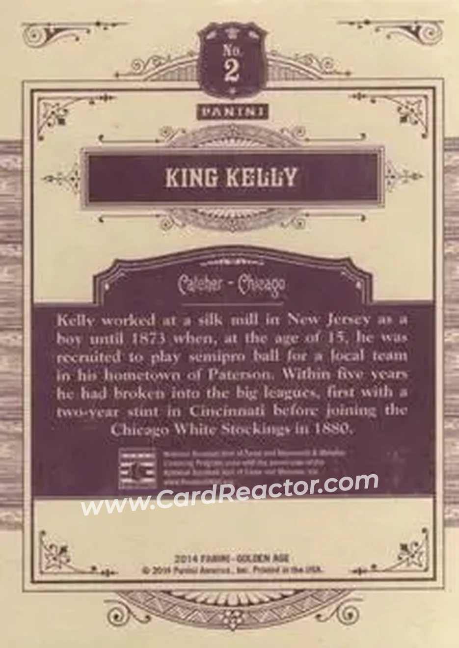 2014 Panini Golden Age #2 - King Kelly - Chicago White Stockings - Back 2014 Panini Golden Age #2 - King Kelly - Chicago White Stockings - Back