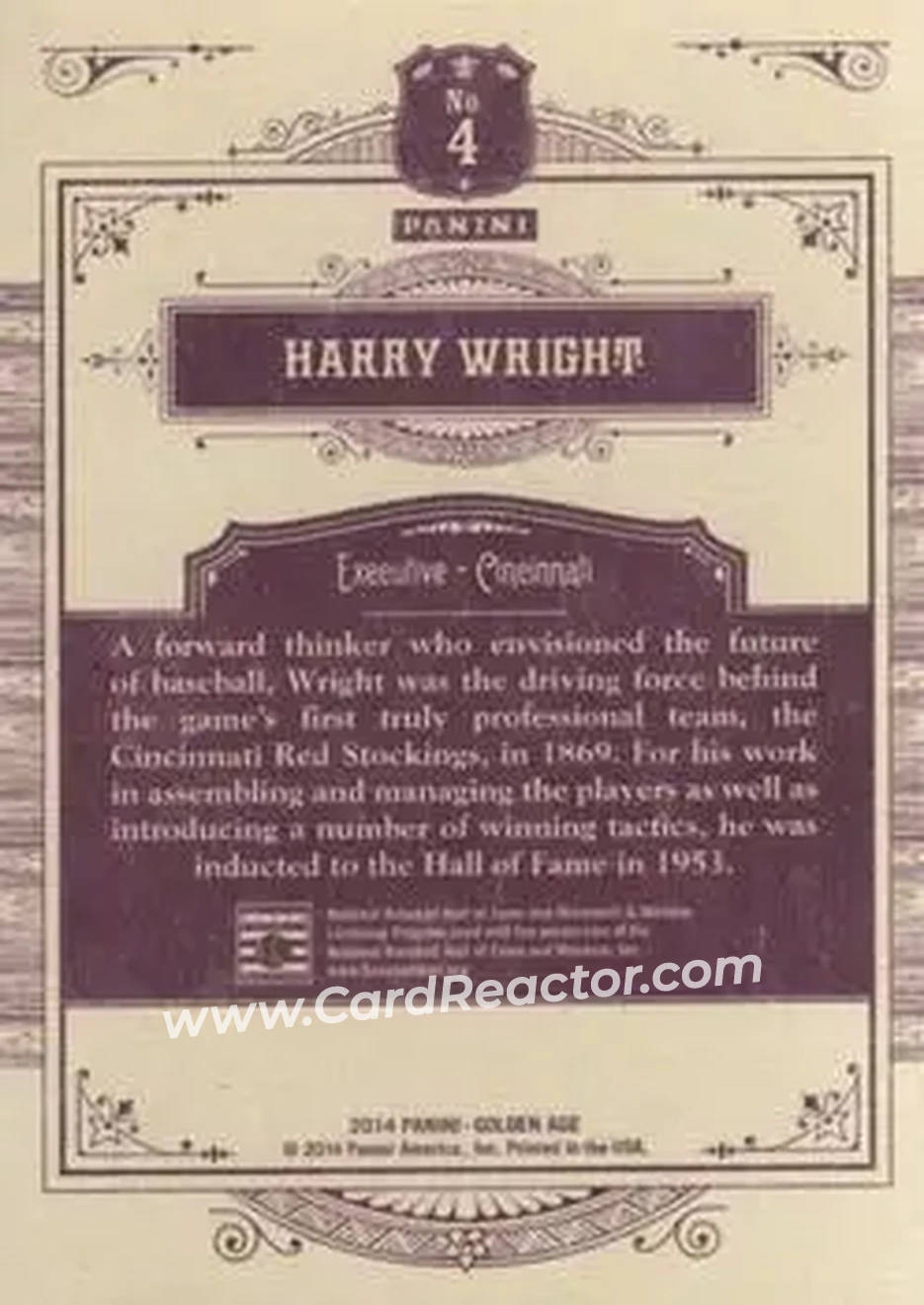 2014 Panini Golden Age #4 - Harry Wright - Cincinnati Red Stockings - Back