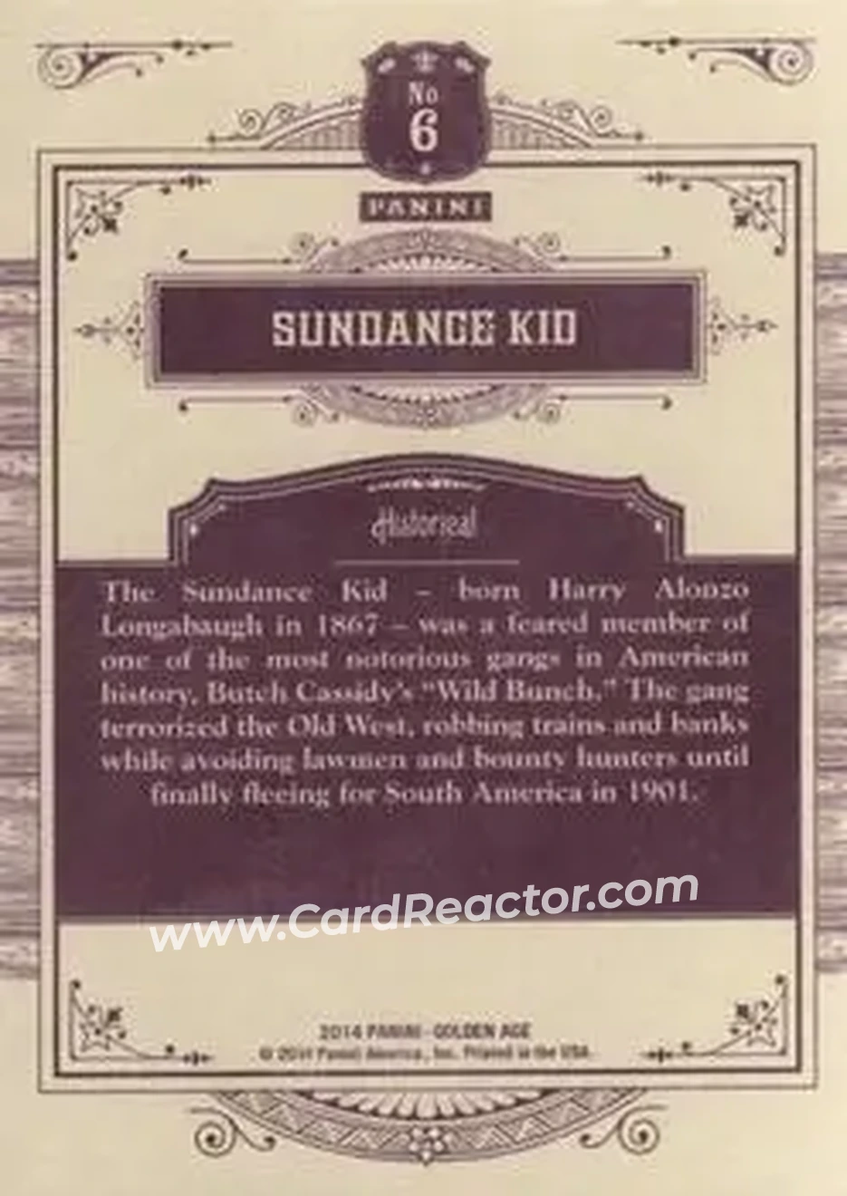 2014 Panini Golden Age #6 - Sundance Kid - Back 2014 Panini Golden Age #6 - Sundance Kid - Back