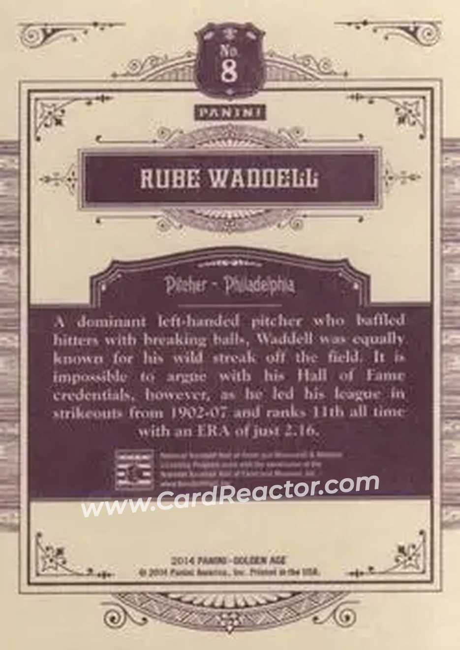 2014 Panini Golden Age #8 - Rube Waddell - Philadelphia Athletics - Back