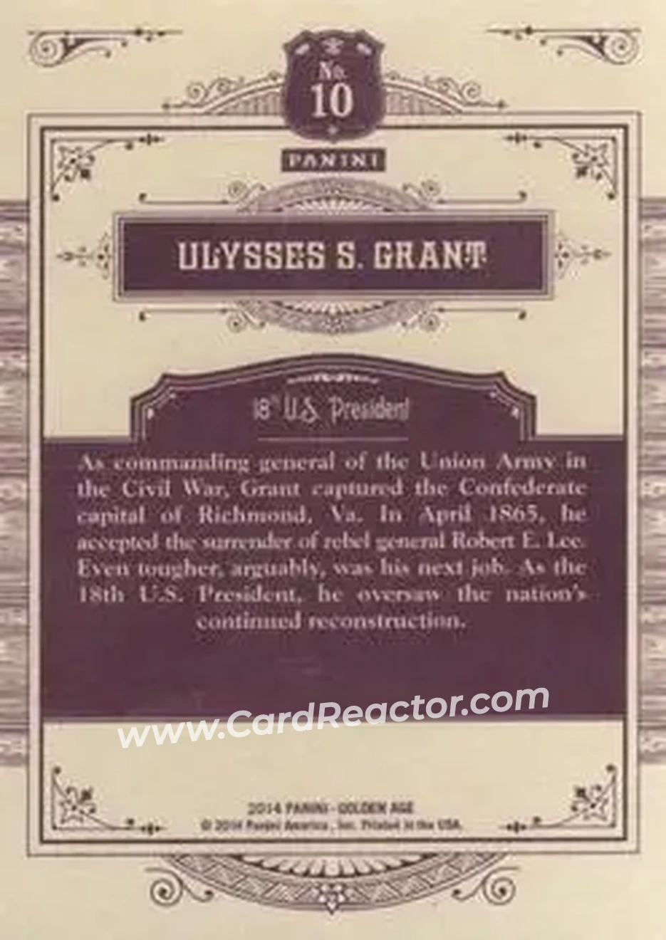 2014 Panini Golden Age #10 - Ulysses S. Grant - Back 2014 Panini Golden Age #10 - Ulysses S. Grant - Back