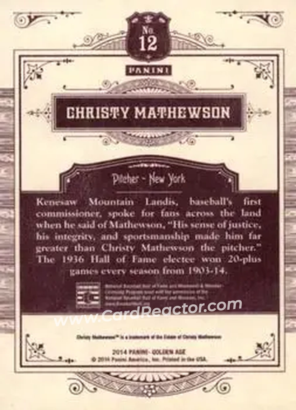 2014 Panini Golden Age #12 - Christy Mathewson - New York Giants - Back