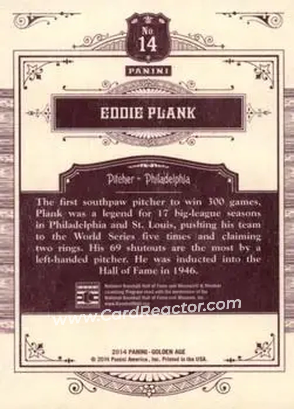 2014 Panini Golden Age #14 - Eddie Plank - Philadelphia Athletics - Back 2014 Panini Golden Age #14 - Eddie Plank - Philadelphia Athletics - Back