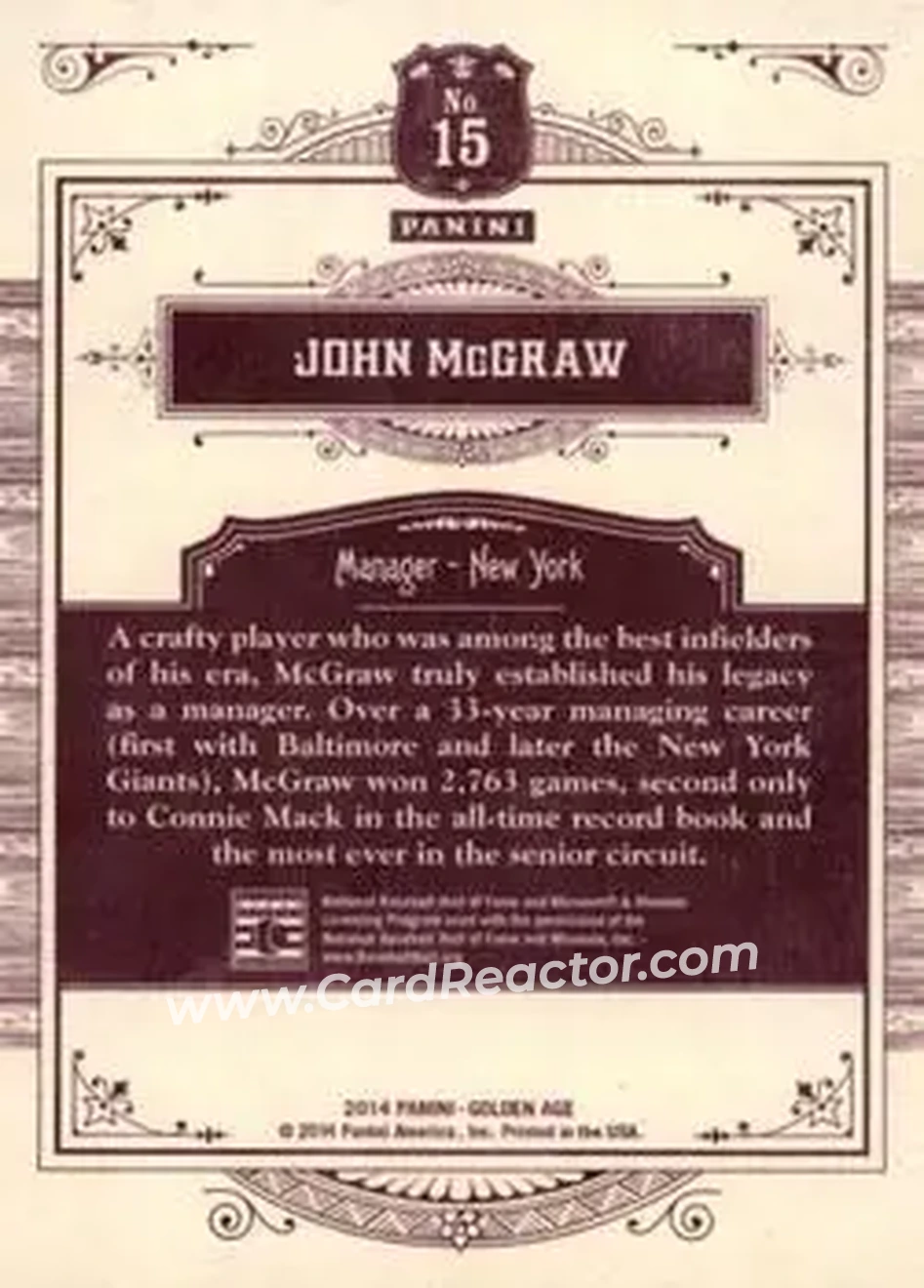 2014 Panini Golden Age #15 - John McGraw - New York Giants - Back