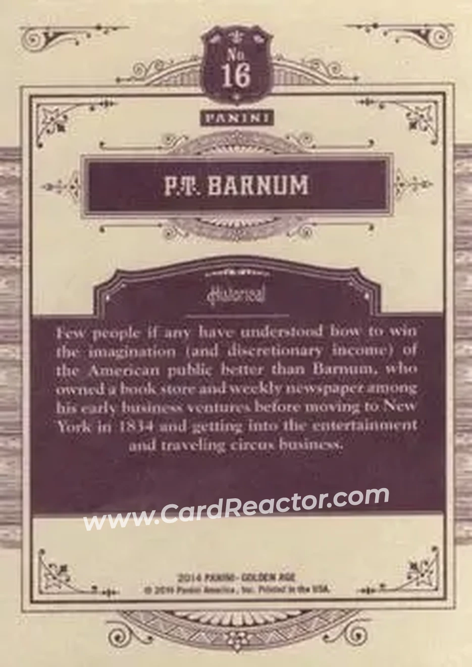 2014 Panini Golden Age #16 - P.T. Barnum - Back 2014 Panini Golden Age #16 - P.T. Barnum - Back