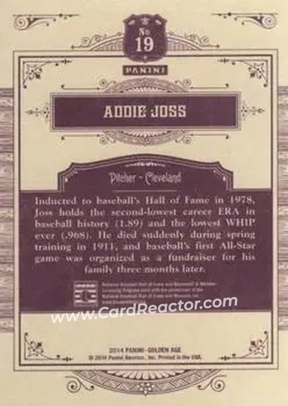 2014 Panini Golden Age #19 - Addie Joss - Cleveland Naps - Back 2014 Panini Golden Age #19 - Addie Joss - Cleveland Naps - Back