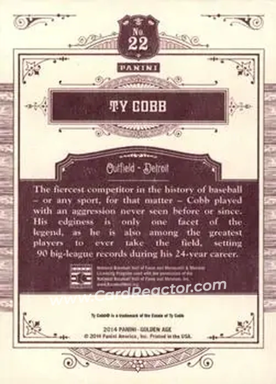 2014 Panini Golden Age #22 - Ty Cobb - Detroit Tigers - Back