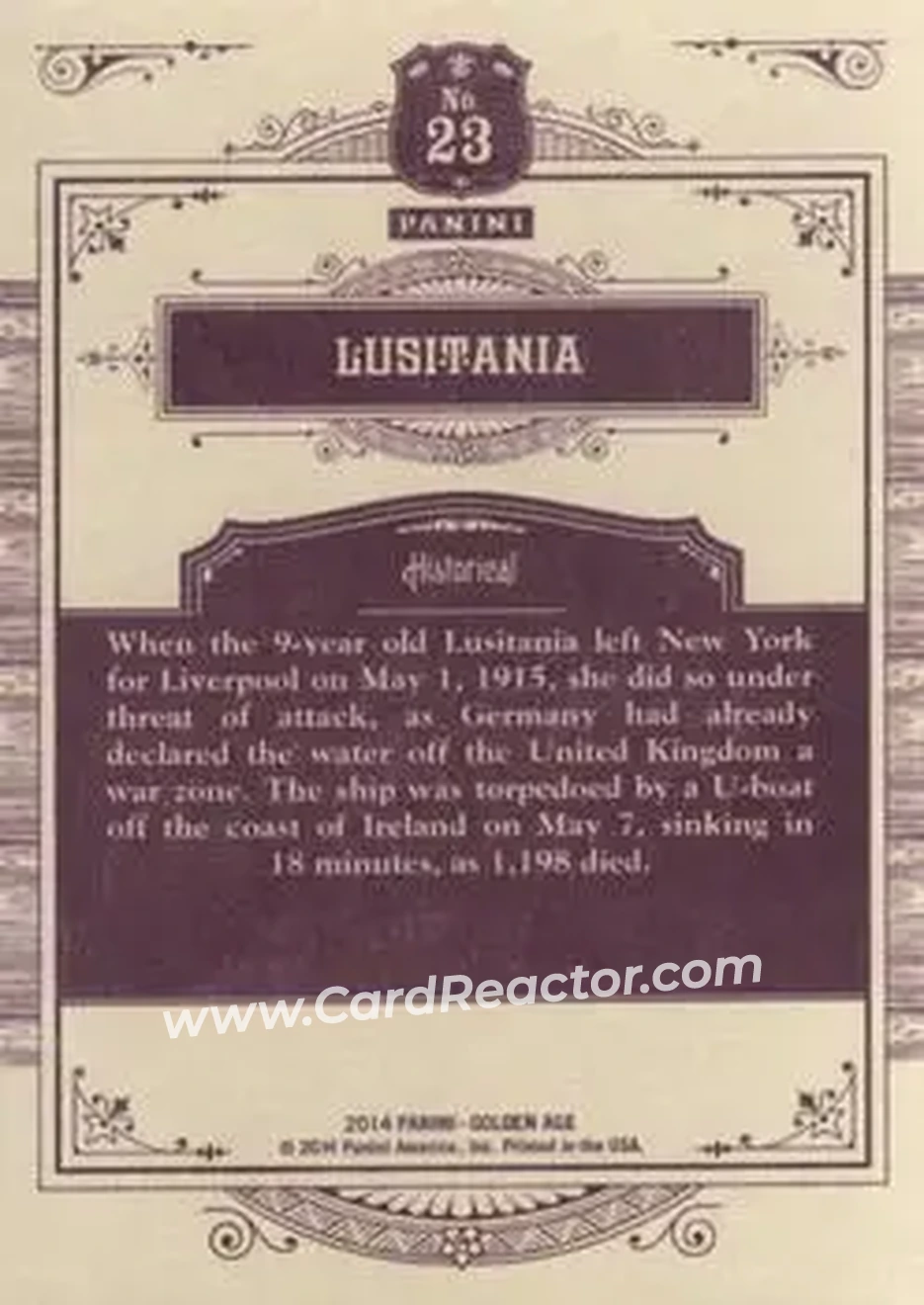 2014 Panini Golden Age #23 - Lusitania - Back 2014 Panini Golden Age #23 - Lusitania - Back