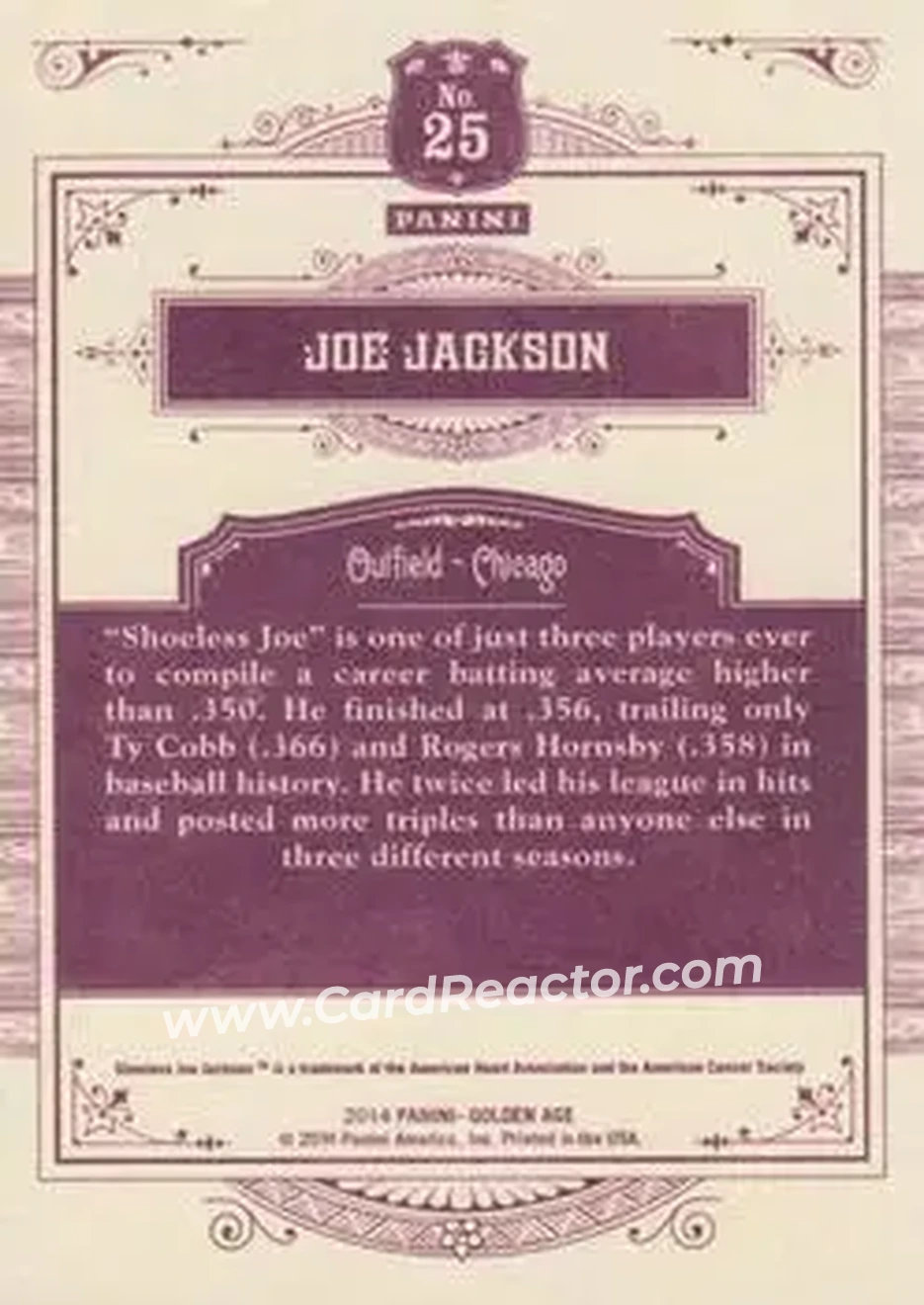 2014 Panini Golden Age #25 - Joe Jackson - Chicago White Sox - Back