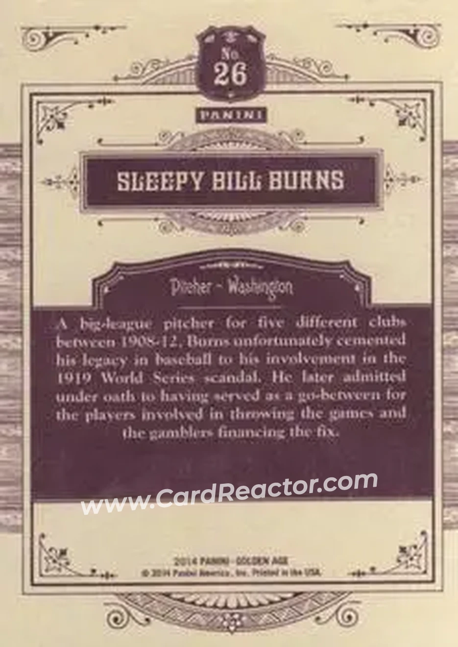 2014 Panini Golden Age #26 - Sleepy Bill Burns - Washington Senators - Back