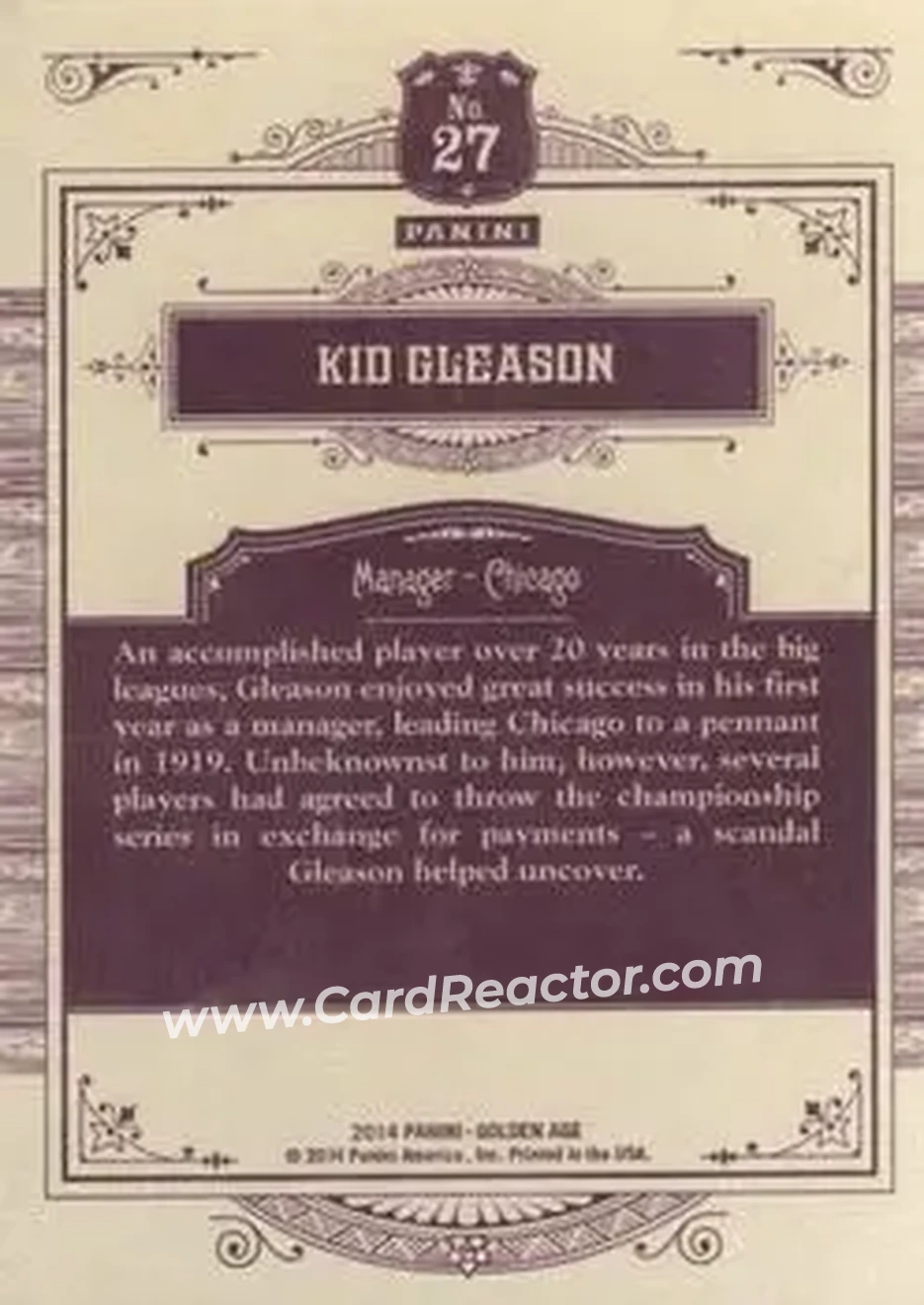 2014 Panini Golden Age #27 - Kid Gleason - Chicago White Sox - Back 2014 Panini Golden Age #27 - Kid Gleason - Chicago White Sox - Back