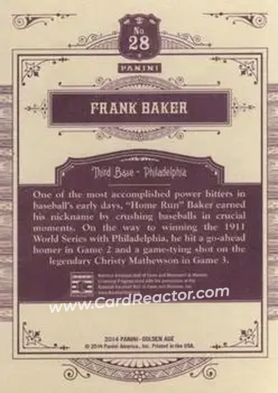 2014 Panini Golden Age #28 - Frank Baker - Philadelphia Athletics - Back