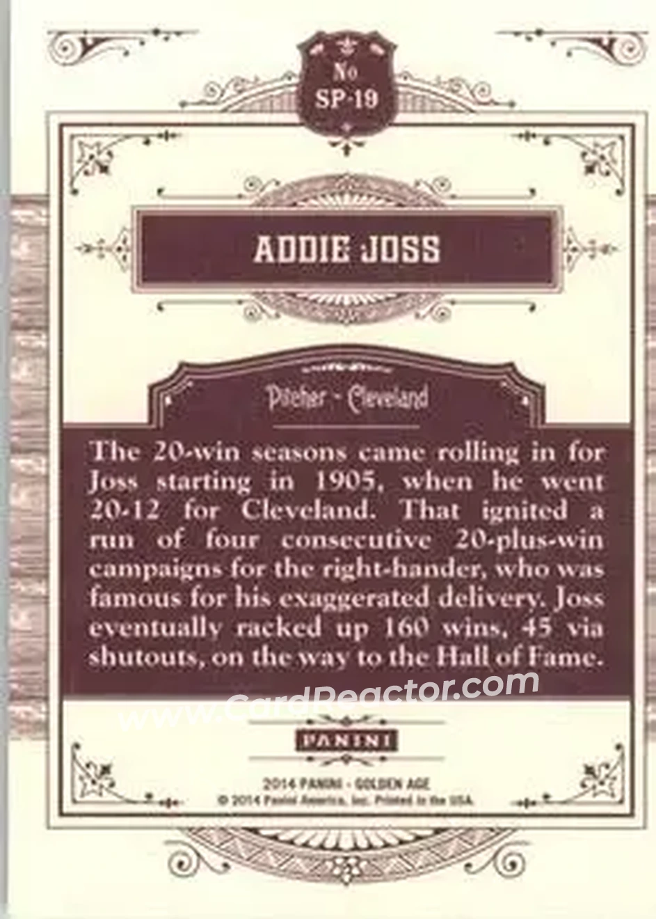2014 Panini Golden Age #SP-19 - Addie Joss - Cleveland Naps - Back