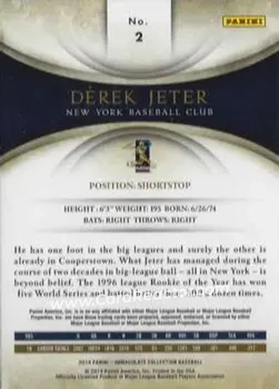 2014 Panini Immaculate Collection #2 - Derek Jeter - New York Yankees - Back