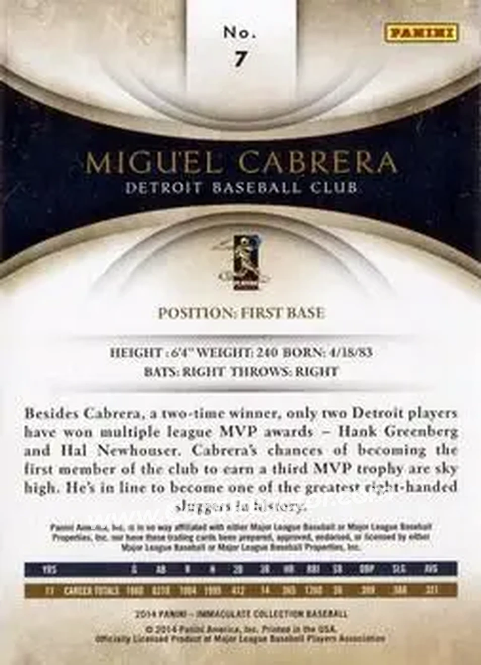2014 Panini Immaculate Collection #7 - Miguel Cabrera - Detroit Tigers - Back 2014 Panini Immaculate Collection #7 - Miguel Cabrera - Detroit Tigers - Back