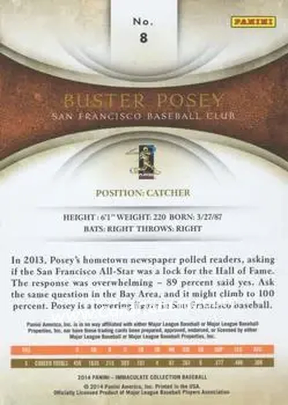 2014 Panini Immaculate Collection #8 - Buster Posey - San Francisco Giants - Back