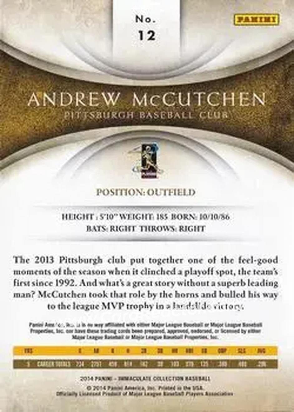 2014 Panini Immaculate Collection #12 - Andrew McCutchen - Pittsburgh Pirates - Back