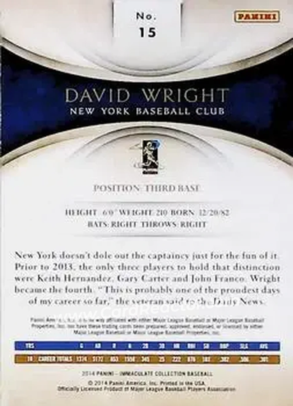 2014 Panini Immaculate Collection #15 - David Wright - New York Mets - Back 2014 Panini Immaculate Collection #15 - David Wright - New York Mets - Back