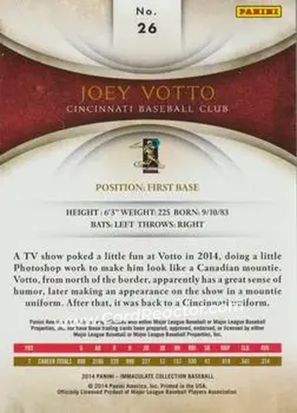2014 Panini Immaculate Collection #26 - Joey Votto - Cincinnati Reds - Back