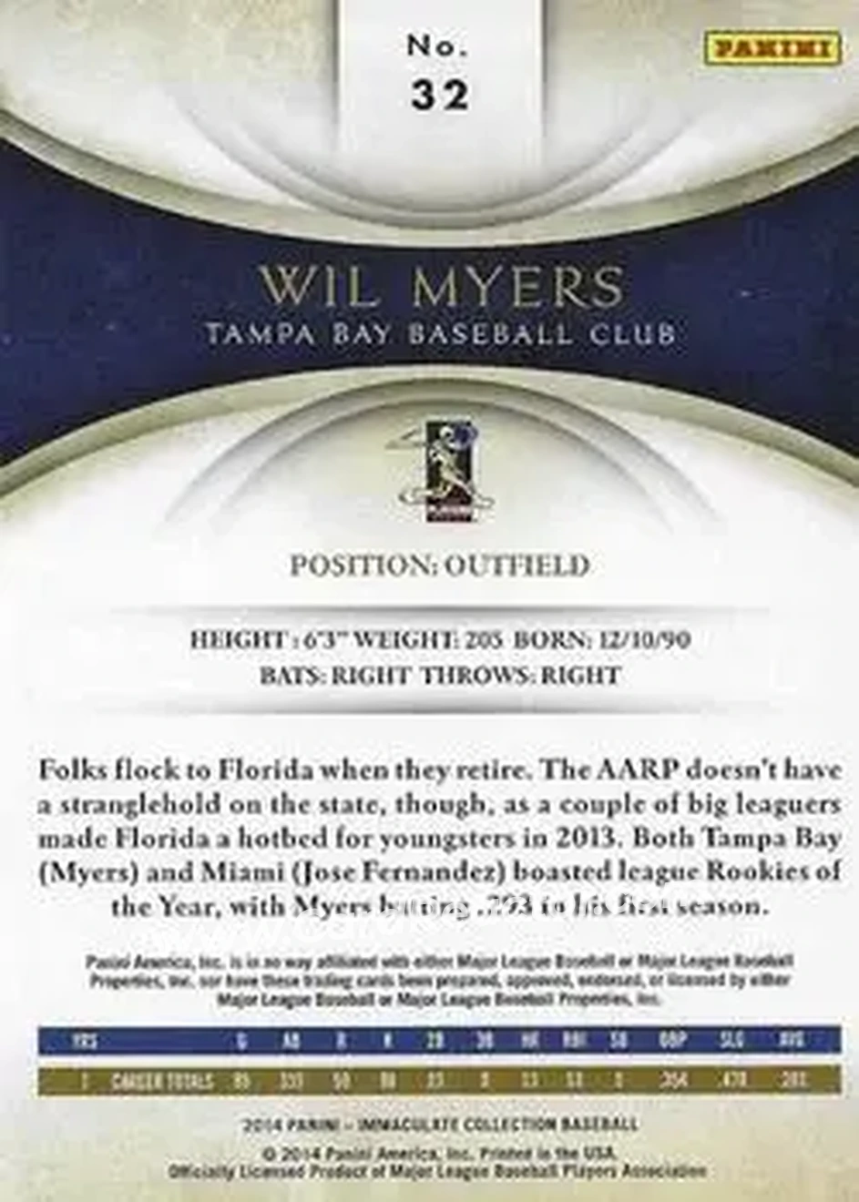 2014 Panini Immaculate Collection #32 - Wil Myers - Tampa Bay Rays - Back 2014 Panini Immaculate Collection #32 - Wil Myers - Tampa Bay Rays - Back