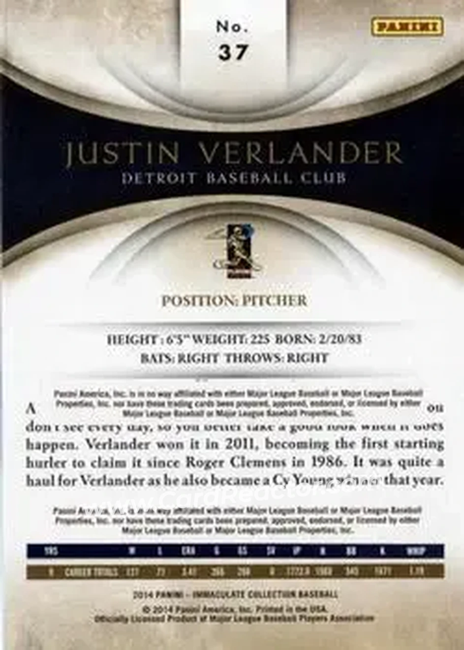 2014 Panini Immaculate Collection #37 - Justin Verlander - Detroit Tigers - Back