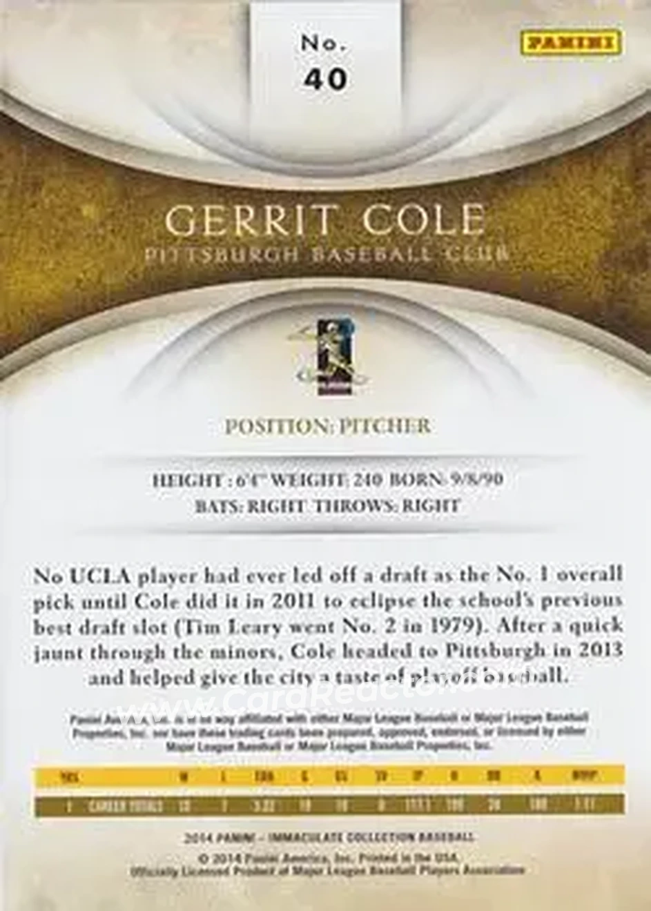 2014 Panini Immaculate Collection #40 - Gerrit Cole - Pittsburgh Pirates - Back