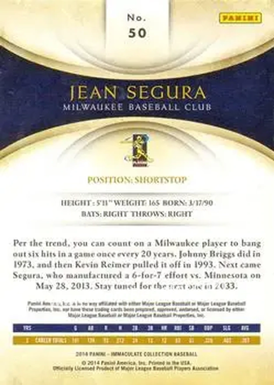 2014 Panini Immaculate Collection #50 - Jean Segura - Milwaukee Brewers - Back
