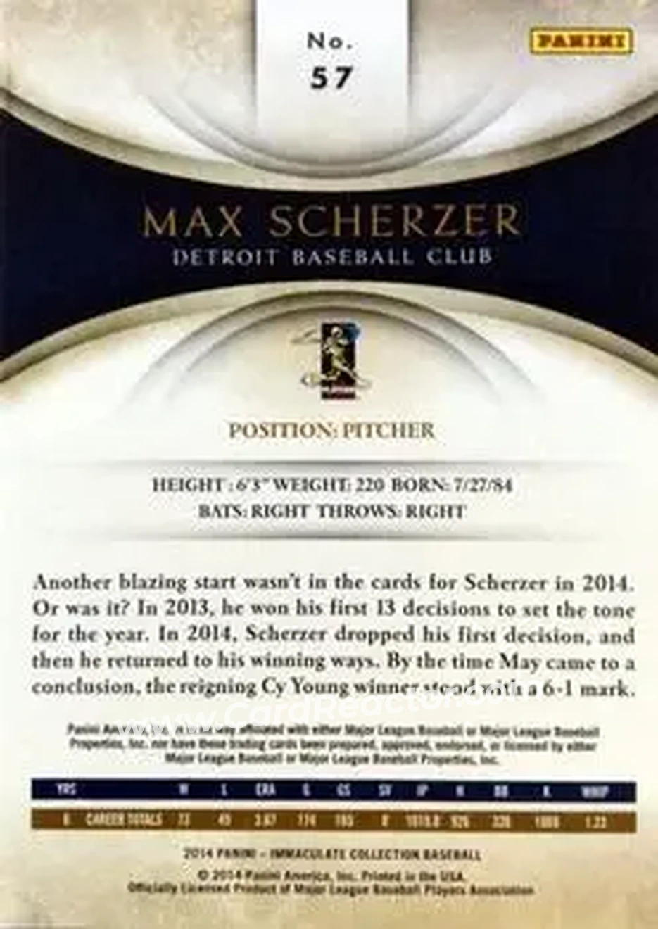 2014 Panini Immaculate Collection #57 - Max Scherzer - Detroit Tigers - Back 2014 Panini Immaculate Collection #57 - Max Scherzer - Detroit Tigers - Back