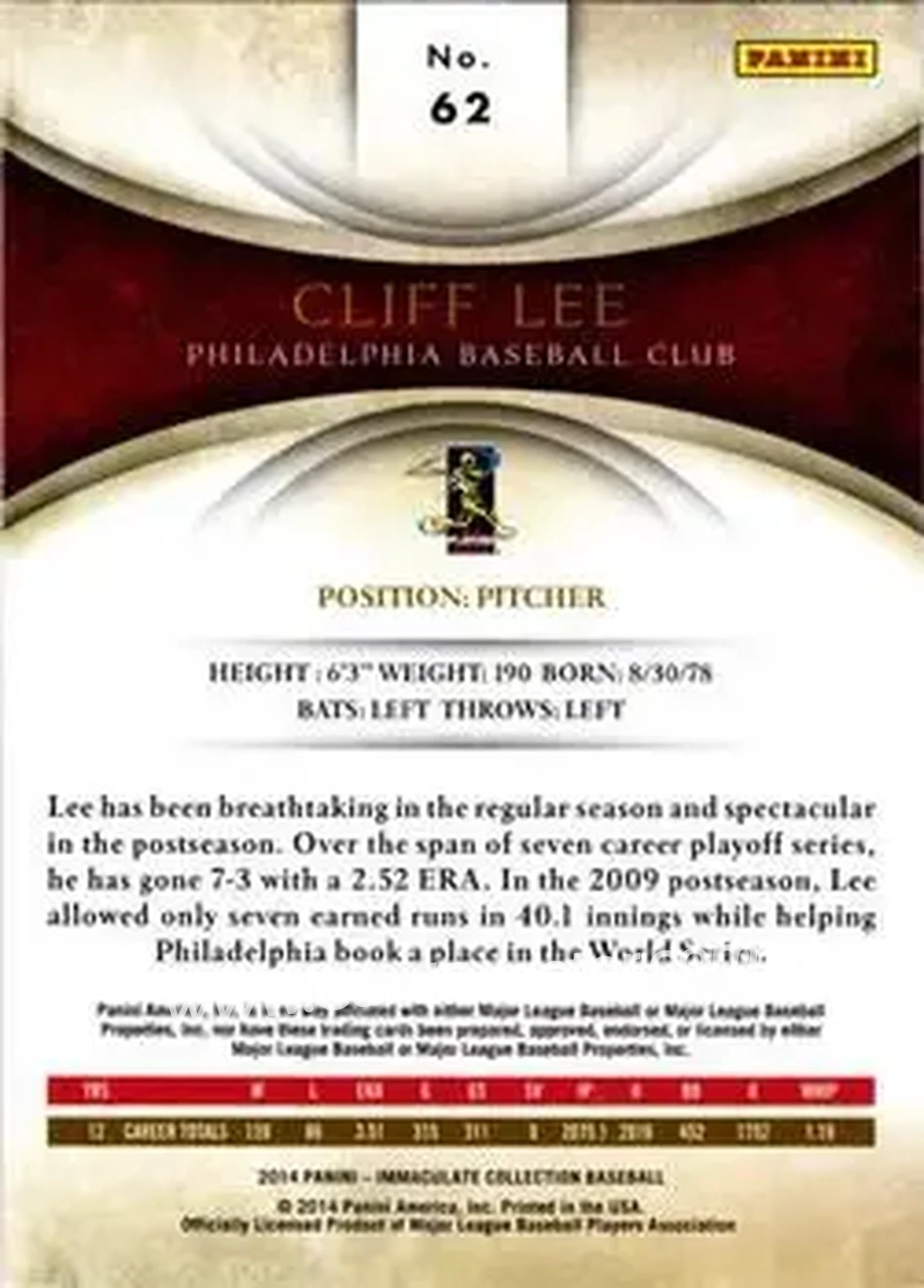 2014 Panini Immaculate Collection #62 - Cliff Lee - Philadelphia Phillies - Back 2014 Panini Immaculate Collection #62 - Cliff Lee - Philadelphia Phillies - Back