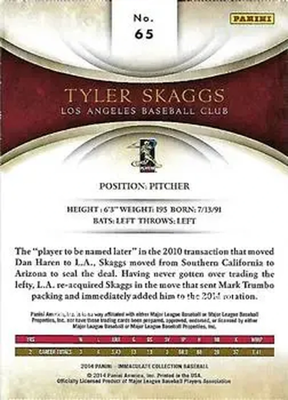 2014 Panini Immaculate Collection #65 - Tyler Skaggs - Los Angeles Angels - Back