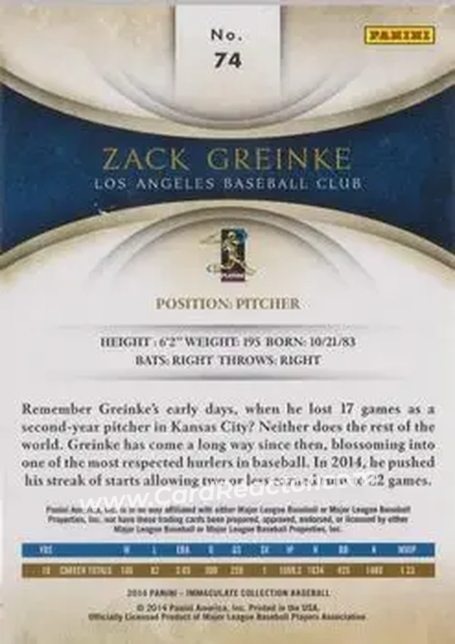 2014 Panini Immaculate Collection #74 - Zack Greinke - Los Angeles Dodgers - Back