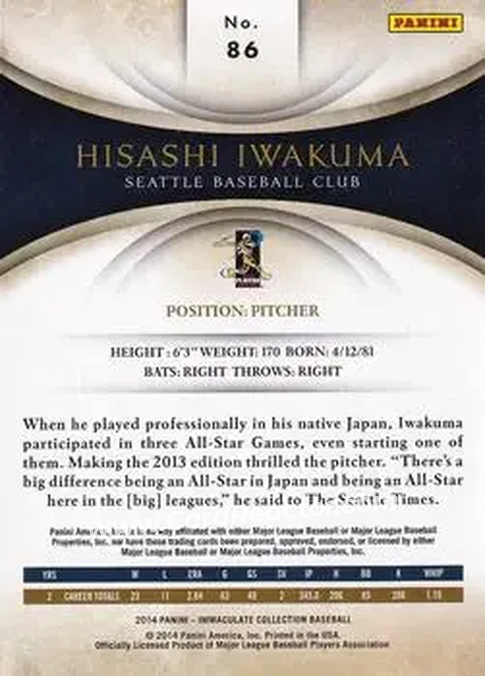 2014 Panini Immaculate Collection #86 - Hisashi Iwakuma - Seattle Mariners - Back