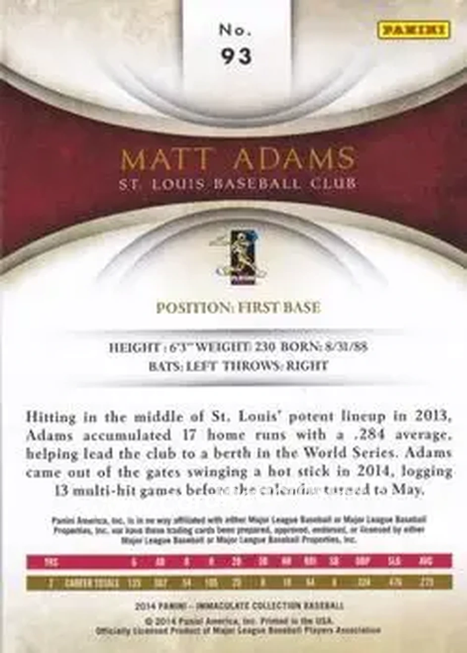 2014 Panini Immaculate Collection #93 - Matt Adams - St. Louis Cardinals - Back