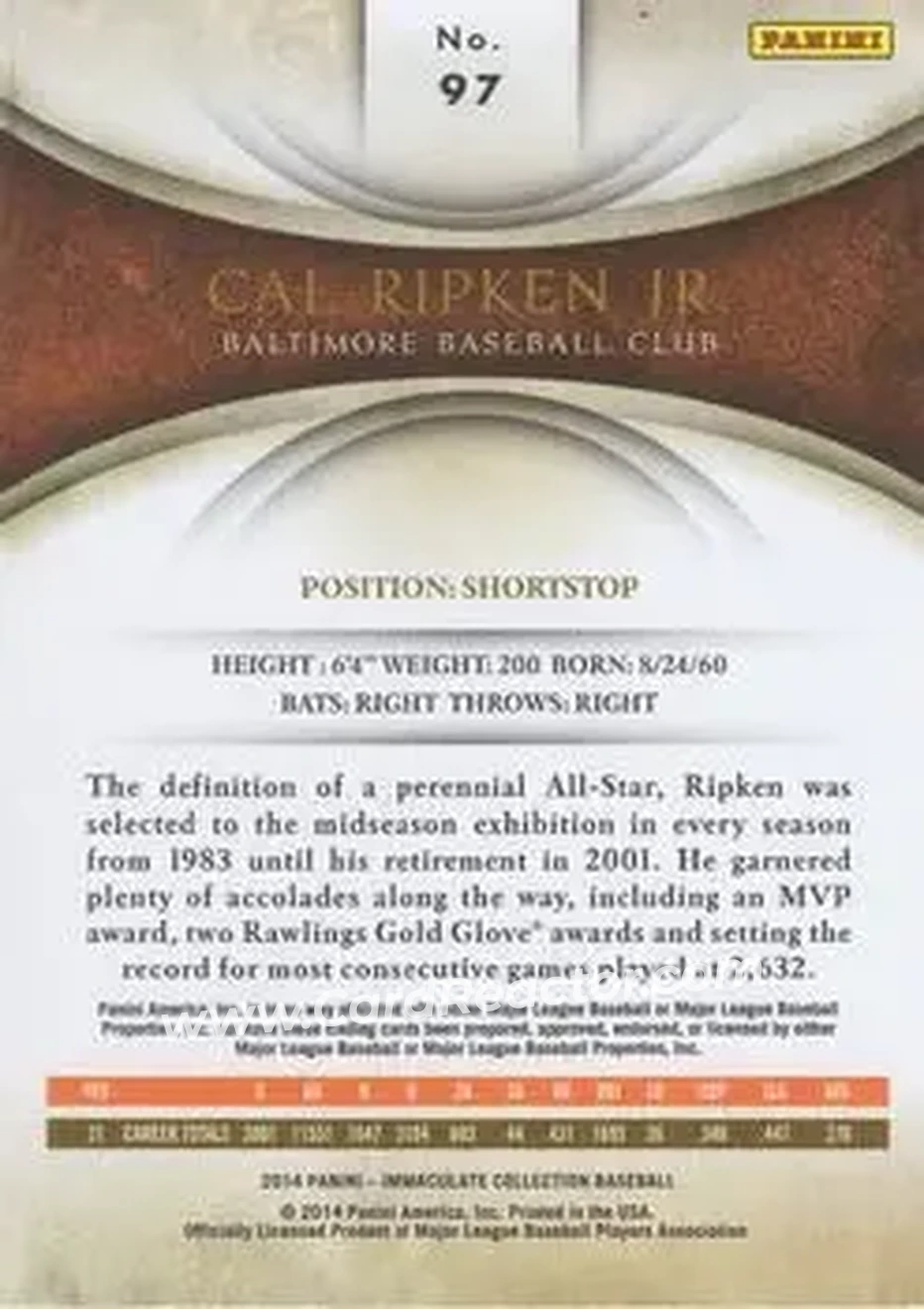2014 Panini Immaculate Collection #97 - Cal Ripken - Baltimore Orioles - Back
