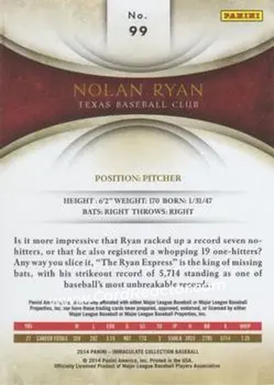 2014 Panini Immaculate Collection #99 - Nolan Ryan - Texas Rangers - Back