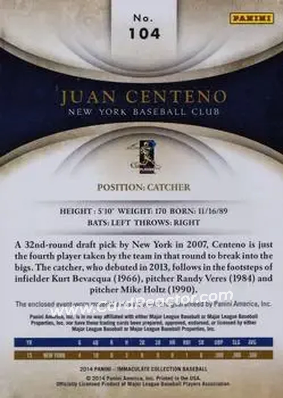 2014 Panini Immaculate Collection #104 - Juan Centeno - New York Mets - Back