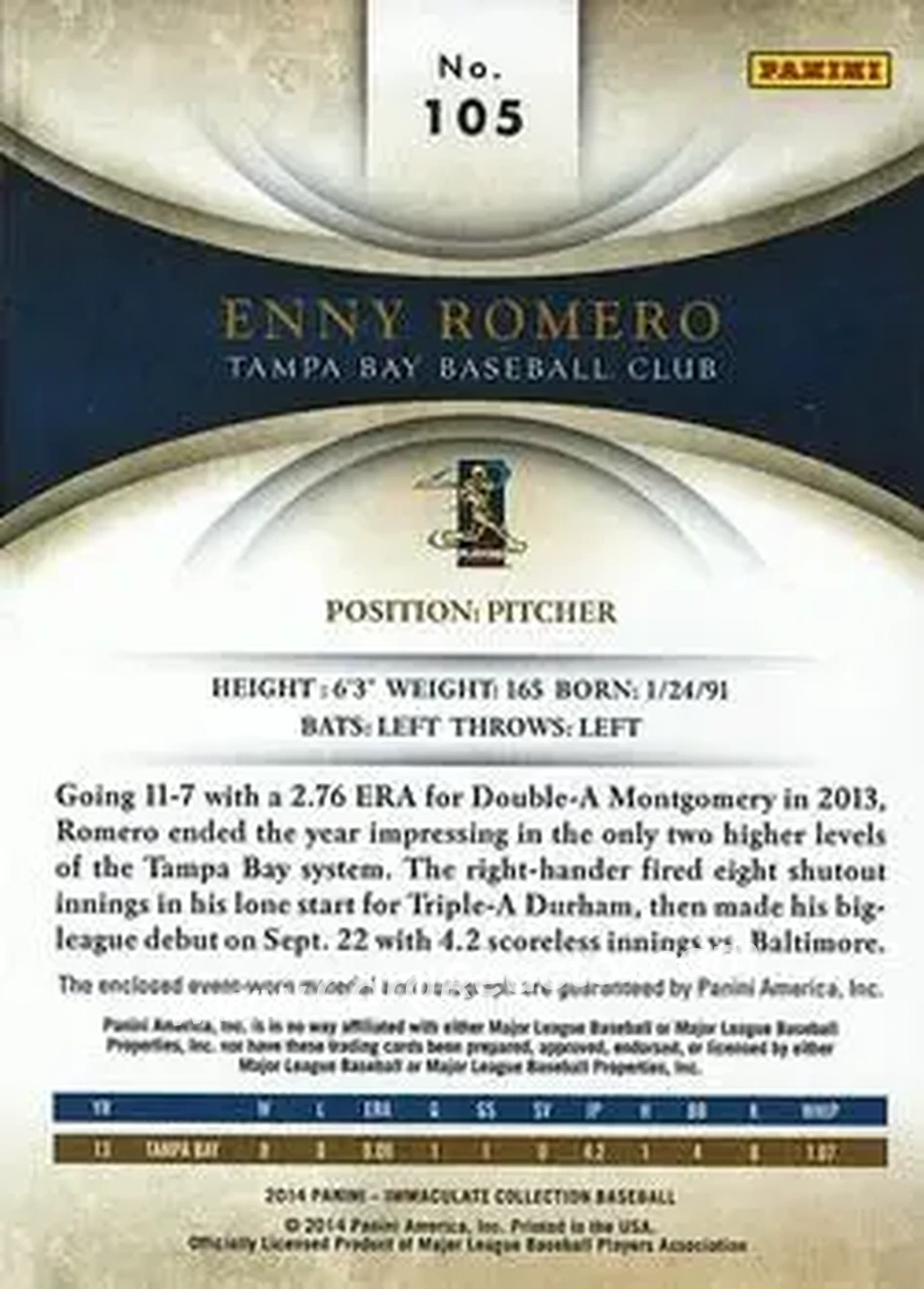 2014 Panini Immaculate Collection #105 - Enny Romero - Tampa Bay Rays - Back