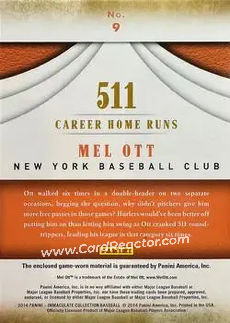 2014 Panini Immaculate Collection - Accolades Materials #9 - Mel Ott - New York Giants - Back