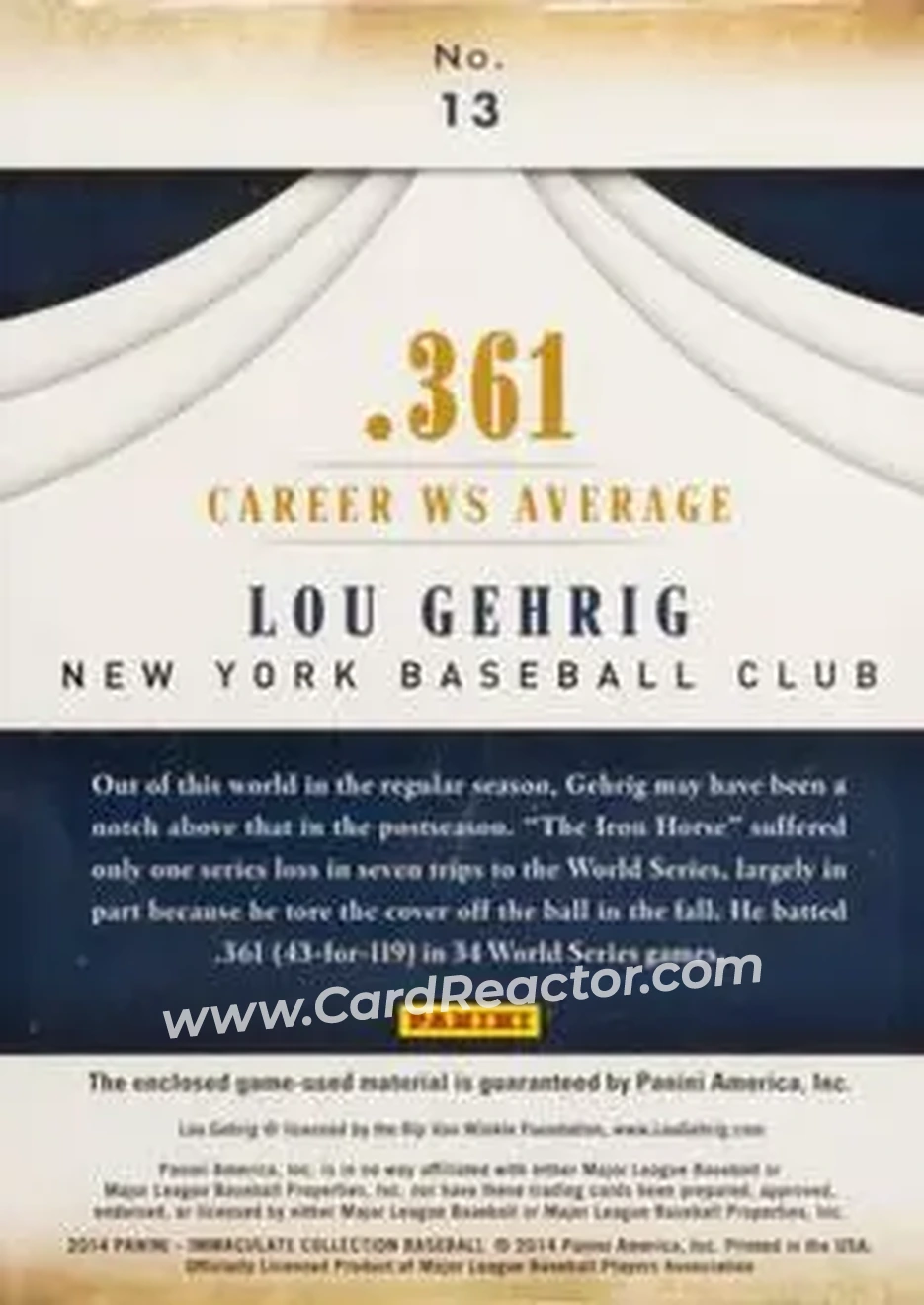 2014 Panini Immaculate Collection - Accolades Materials #13 - Lou Gehrig - New York Yankees - Back 2014 Panini Immaculate Collection - Accolades Materials #13 - Lou Gehrig - New York Yankees - Back