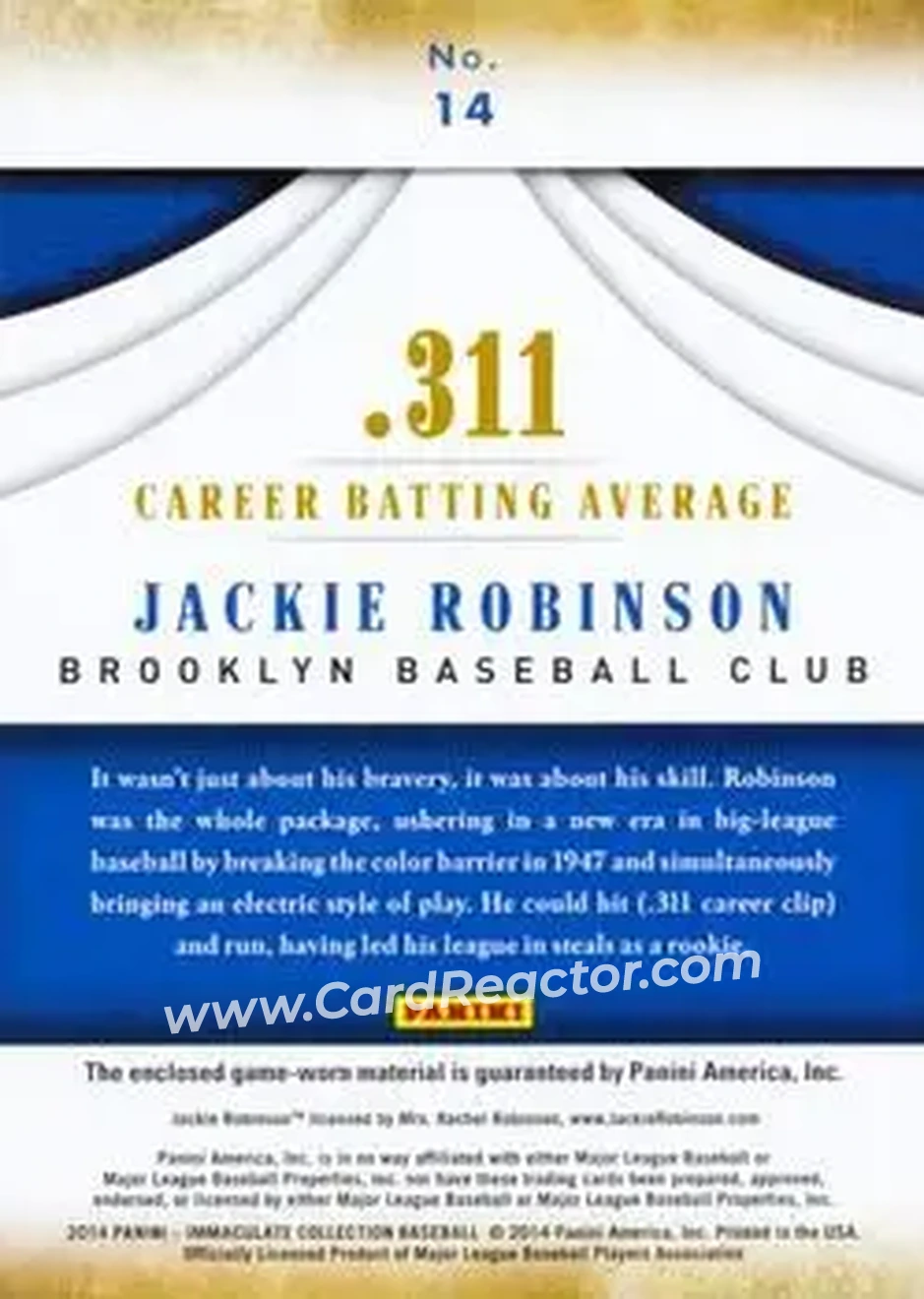 2014 Panini Immaculate Collection - Accolades Materials #14 - Jackie Robinson - Brooklyn Dodgers - Back