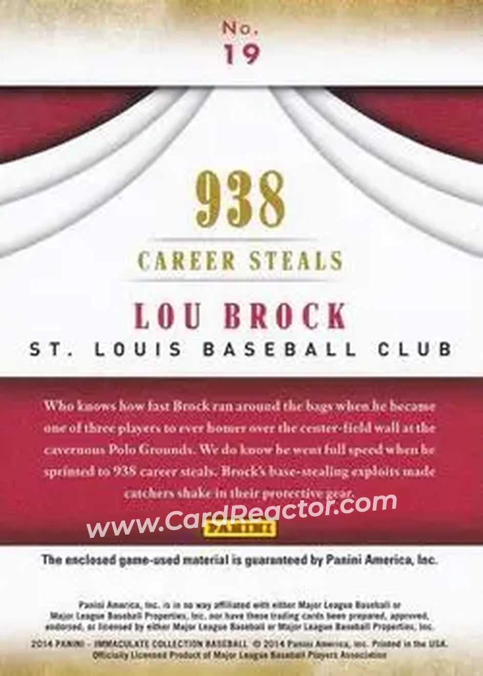 2014 Panini Immaculate Collection - Accolades Materials #19 - Lou Brock - St. Louis Cardinals - Back