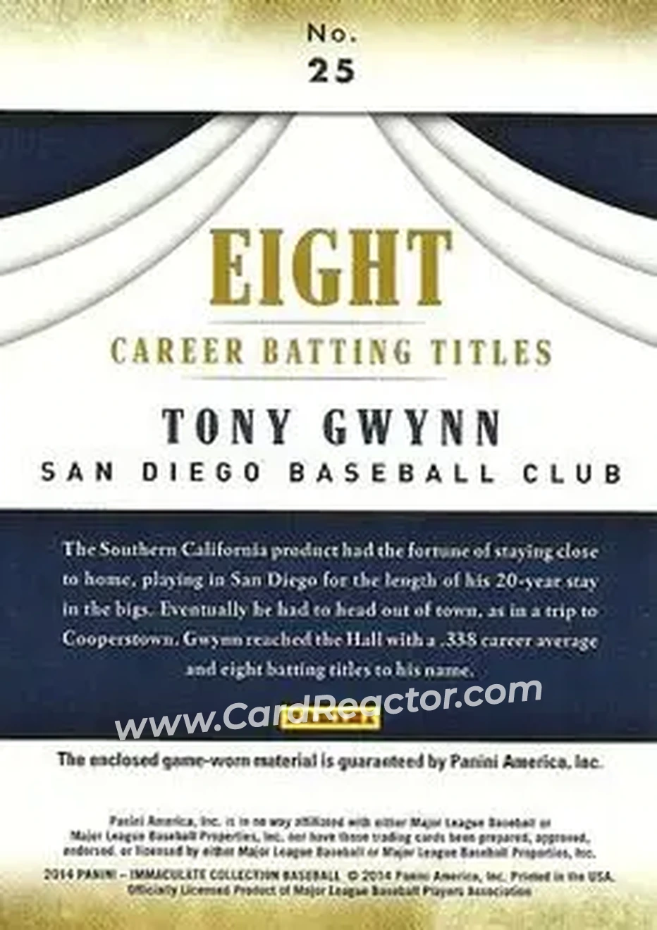 2014 Panini Immaculate Collection - Accolades Materials #25 - Tony Gwynn - San Diego Padres - Back
