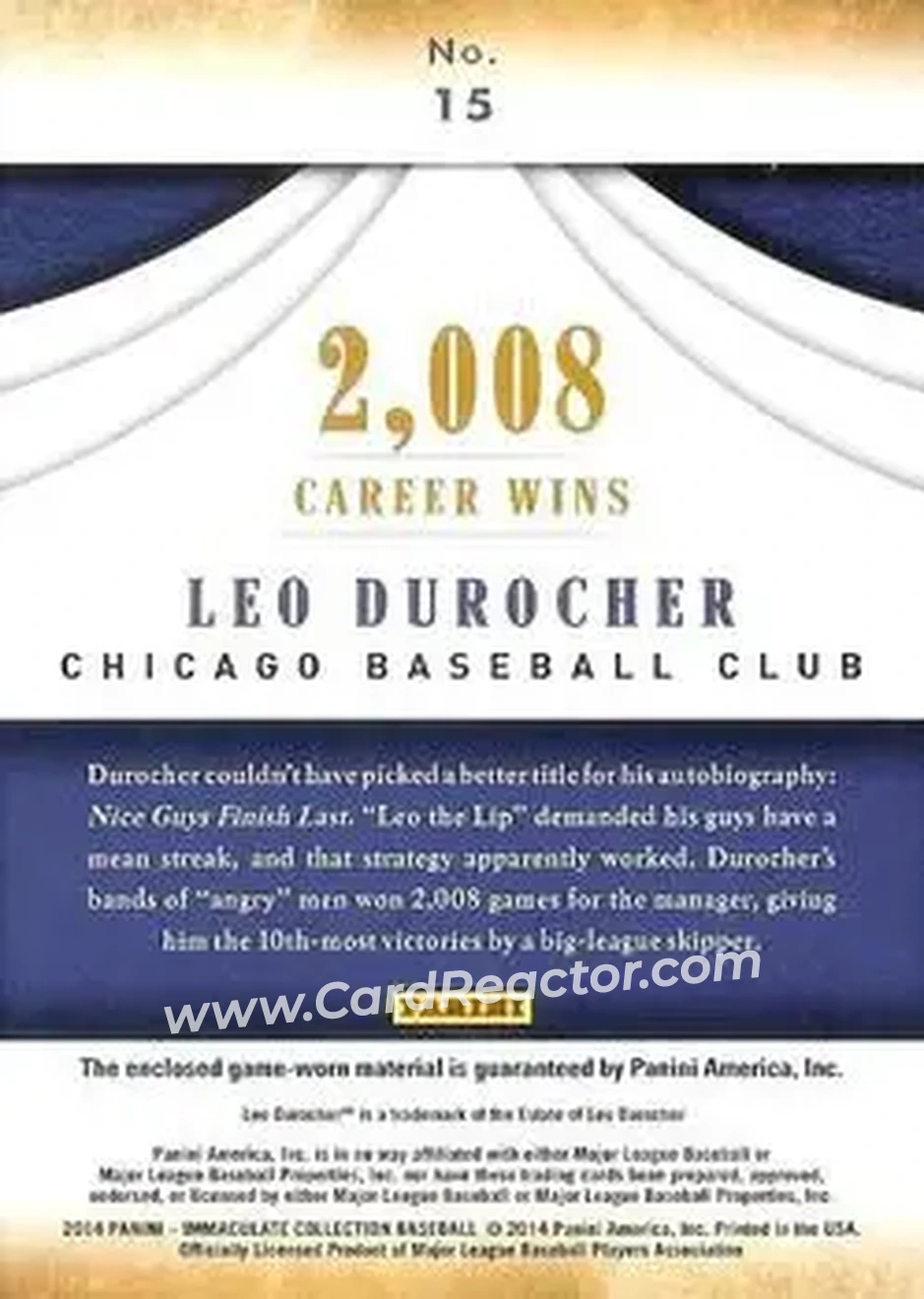2014 Panini Immaculate Collection - Accolades Materials Prime #15 - Leo Durocher - Chicago Cubs - Back