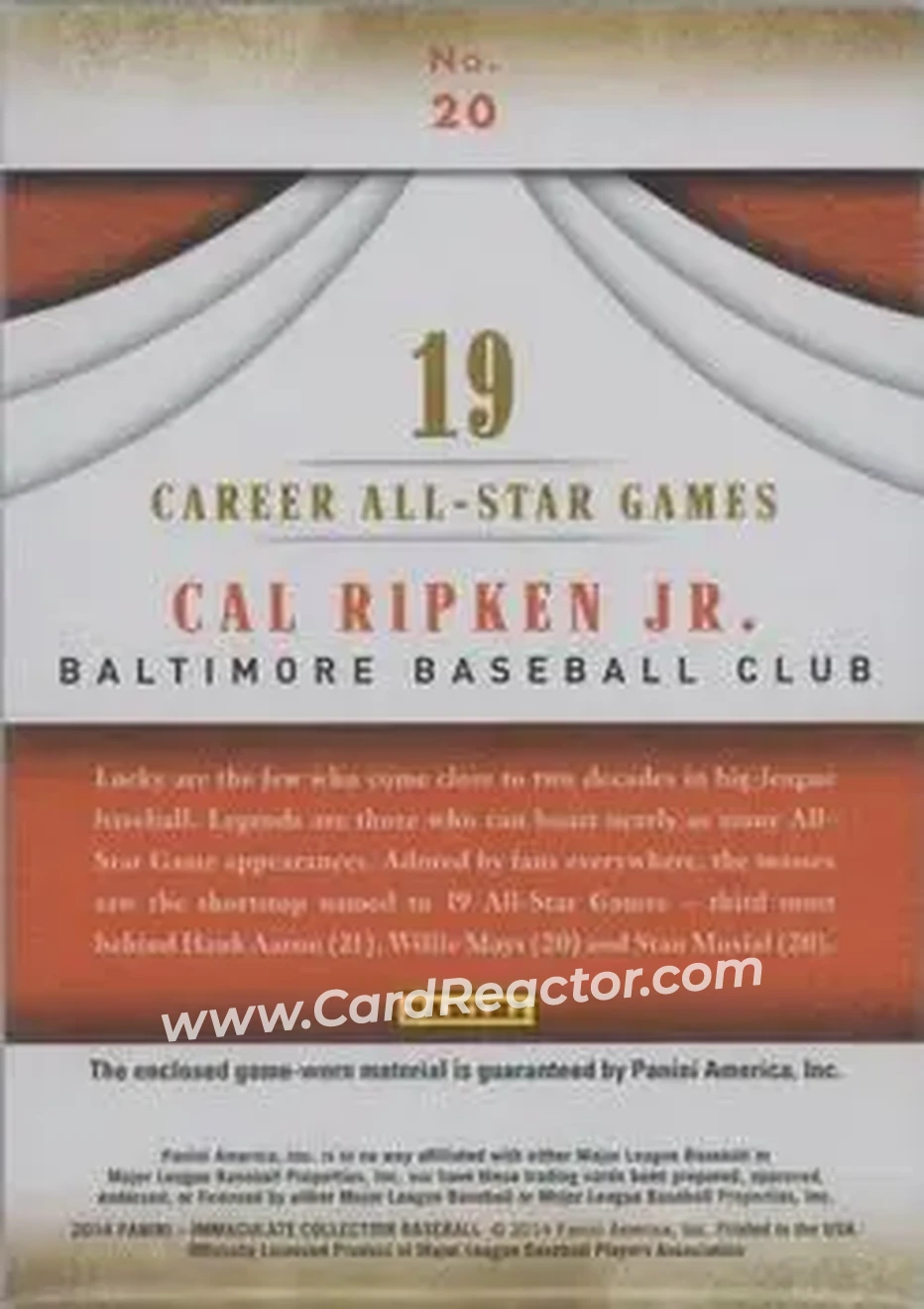 2014 Panini Immaculate Collection - Accolades Materials Prime #20 - Cal Ripken - Baltimore Orioles - Back