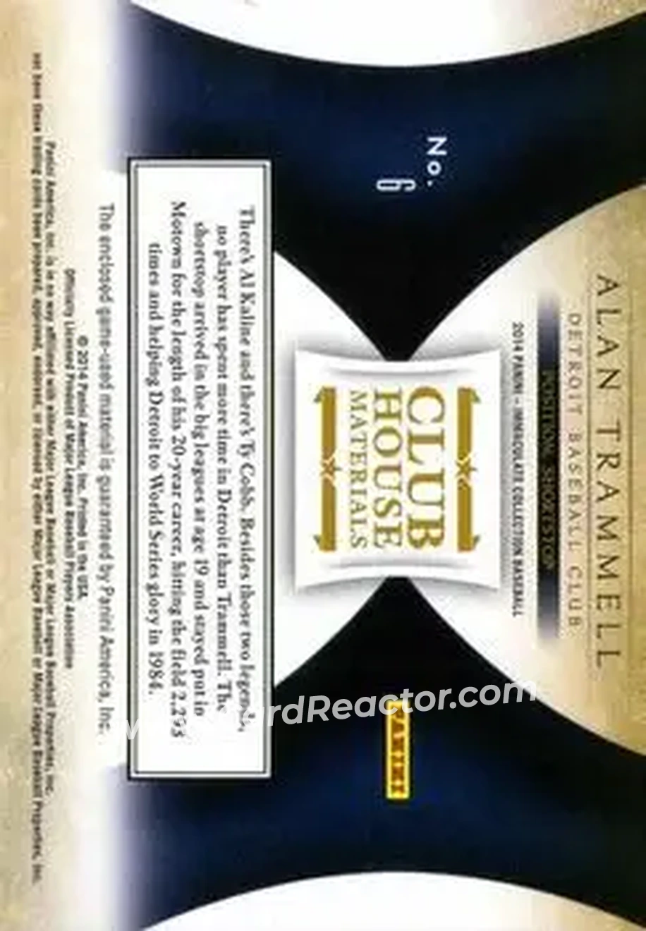 2014 Panini Immaculate Collection - Clubhouse Material #6 - Alan Trammell - Detroit Tigers - Back