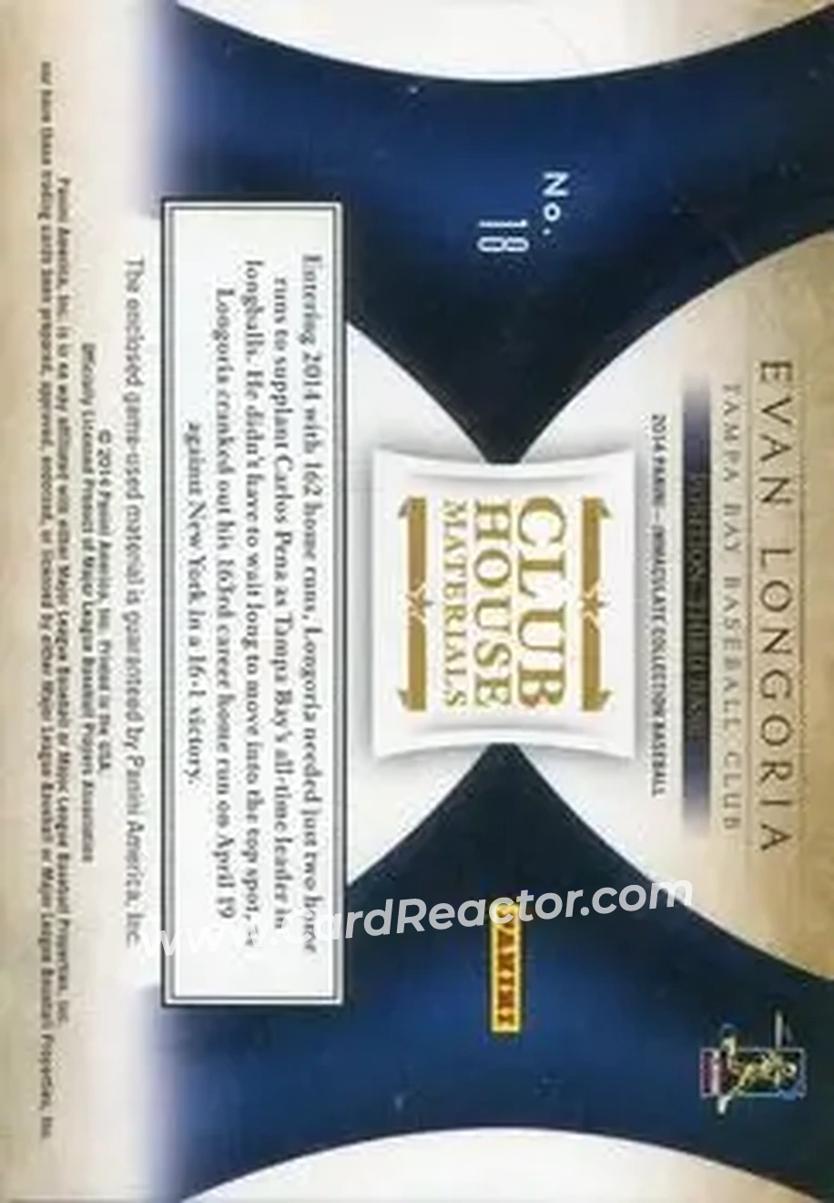 2014 Panini Immaculate Collection - Clubhouse Material #18 - Evan Longoria - Tampa Bay Rays - Back