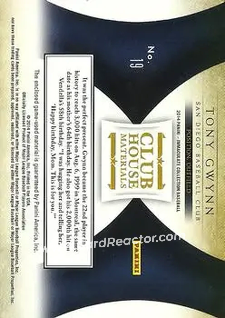 2014 Panini Immaculate Collection - Clubhouse Material #19 - Tony Gwynn - San Diego Padres - Back